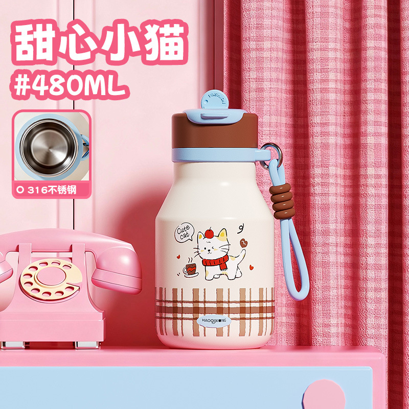 Outdoor portable insulated water bottle, high-value stainless steel, large capacity, cute design, suitable for students, made of 316 stainless steel. - Ảnh 7