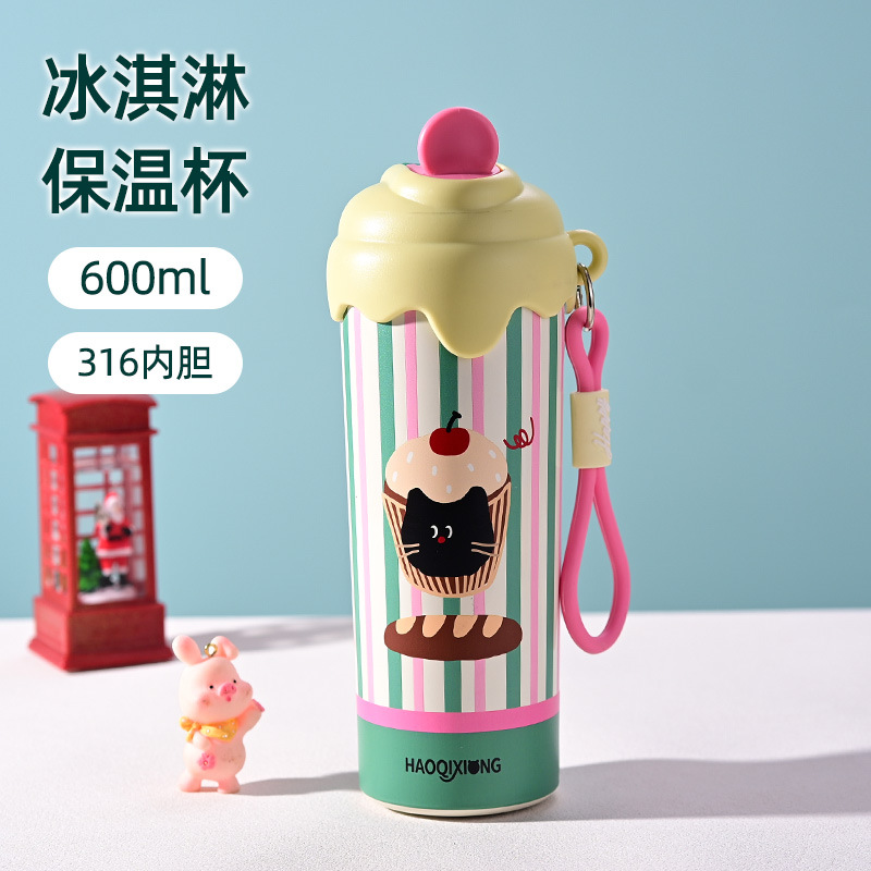 Cute Cartoon 316 Stainless Steel Thermos Mug, Outdoor Style, with Carrying Straw, Portable Mug for Men and Women, Students, Direct Drinking with Straw - Ảnh 3